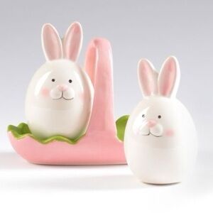 Easter Bunny Rabbit Egg Basket Ceramic Salt & Pepper Shaker Holder Set Hallmark